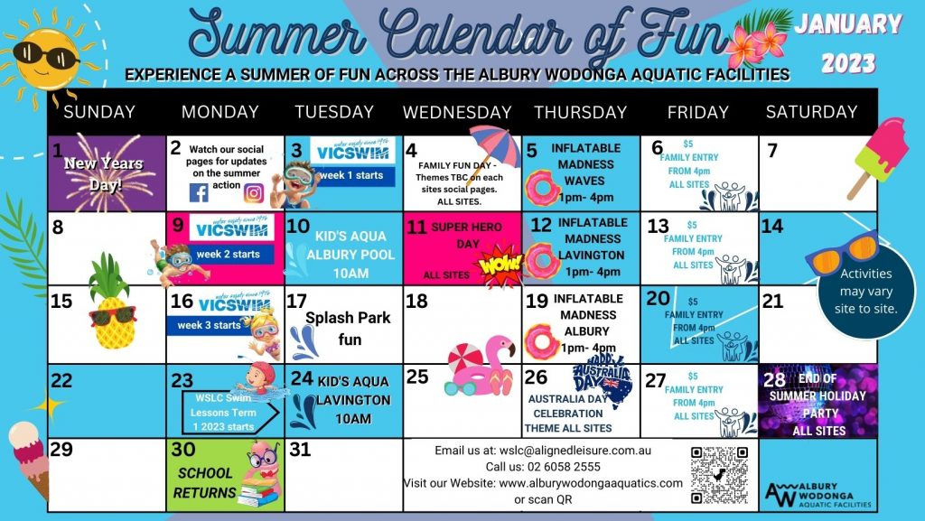 Summer Calendar of Fun 2022/2023 Albury Wodonga Aquatic Facilities
